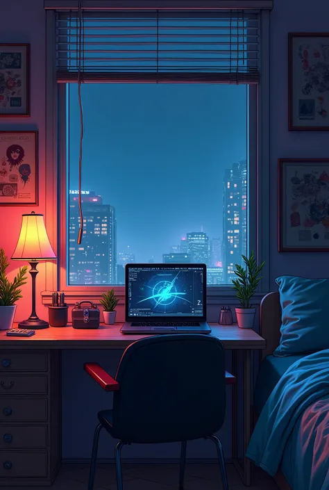 there is a laptop on a desk in front of a window, realistic background art, personal room background, lofi artstyle, realistic background, realistic aesthetic, lofi art, 8 0 s anime vibe, cyberpunk teenager bedroom, cyberpunk bedroom at night, realistic ar...