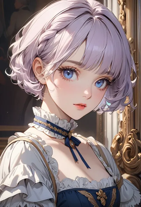 ((best quality)), ((Masterpiece)), (details), Young woman,( light purple hair, blue eyes, ((short hair)) , beautiful face, Beautiful skin, Long eyelashes, Thick eyelashes), victorian era, Europe in the 18th century,noble,Complex design, classical portrait,...