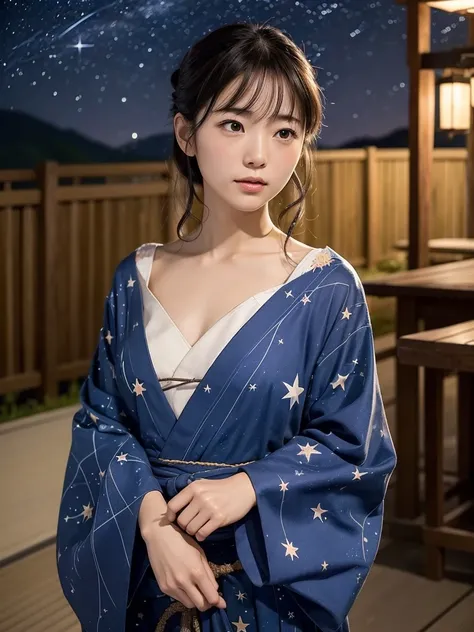 Focus on the summer starry sky. Japanese woman looking up at the night sky with twinkling stars. She is wearing an old and faded yukata in classic colors.、Her clothes are loose and her neck and collarbone are visible.。Face, It&#39;s a bit blurry in the dar...