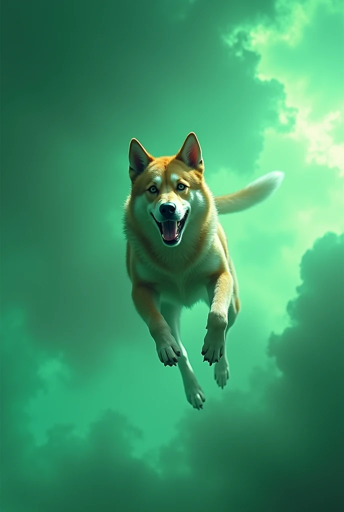 dog flying in a green sky