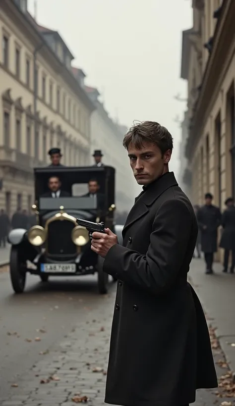 A quiet street with Gavrilo Princip standing near a café, spotting Franz Ferdinand’s car. The car has stalled, and Princip seizes the moment. He is in the foreground, pulling out a small handgun, while the car is in the background with the Archduke and his...