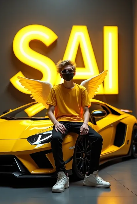 create a 3D illusion for a profile picture where a 2 boy attitude BOY in a yellow shirt and sunglasses sitting casually on a  yellow Super car, wearing sneakers, with black mask, and sunglasses, be looks ahead, the background features Sai in big and capita...