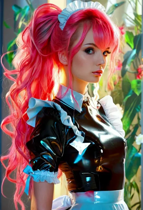 A beautiful young girl with large breasts wearing a latex maid uniform, long detailed hair in a half-up hairstyle, highly detailed, photorealistic, vibrant colors, sharp focus, studio lighting, elegant, graceful, cinematic composition
