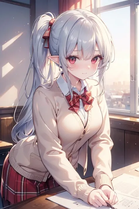 ((masterpiece, best quality, highres, UHD, perfect pixel, depth of field, 4k, RTX, HDR)), 1girl, elf,single, solo, 1, beautiful anime girl, beautiful artstyle, anime character, ((long hair, bangs, light silver  hair,side ponytail )), (red eyes:1.4, rounded...