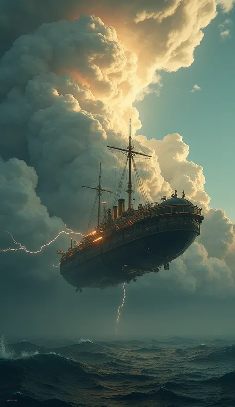 (Christian Lassen style)、lightning、A huge cumulonimbus cloud illuminated by lightning、A steampunk airship in a cumulonimbus cloud、
Beneath the clouds is a vast ocean。