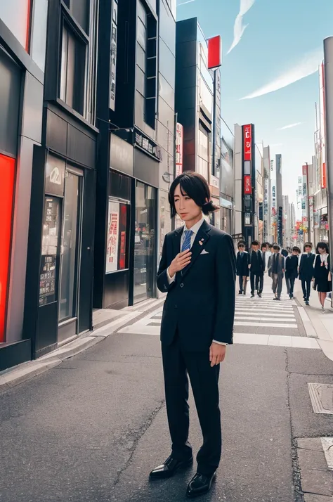 ((Japanese people:1.4)). (bowing:1.4). from above. (downtown:1.4). (city:1.3). (sunny:1.1). (masterpiece), (suit:1.2). scenery,Businessman, Japanese. (building:1.4), polite (person), (Bowing:1.4). (masterpiece, best quality), (absurdres absolutely resoluti...