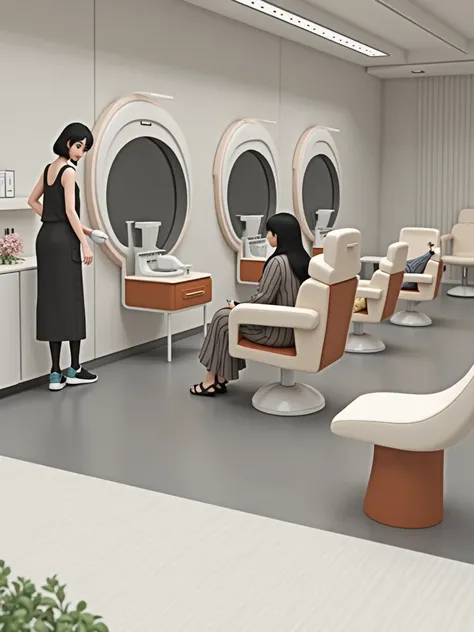 Professional 3d architecture rendering design of modern and minimal and high tech and Japanese design for the room in barber women salon that in this room coloring the women’s hair and 3   Circular white orange  chairs and washbasins  sink  specially for  ...