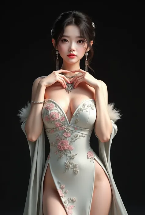 Fukada Kyoko、Beautiful Japanese Women、Large breasts、Pale skin、Earrings、necklace、Hair up、A white Chinese dress with vivid embroidery、Slit up to thigh、Hands under chin、Her white skin and dress stand out against the black background、