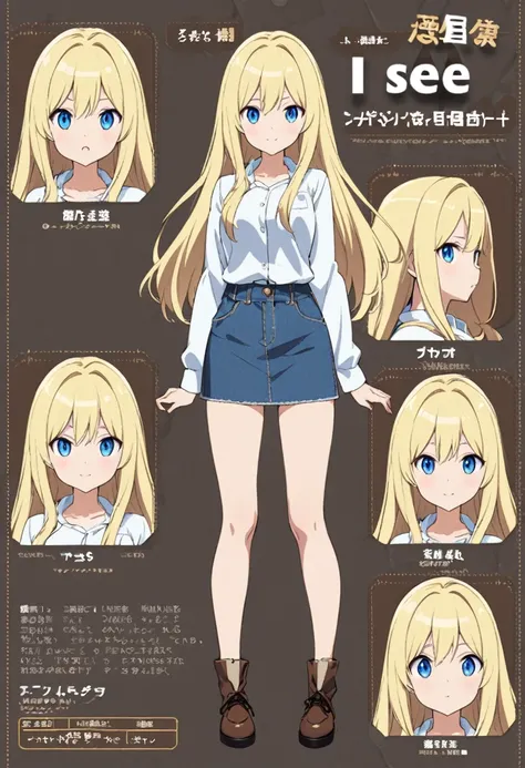 a character model sheet of a long-haired blonde girl from three angles、denim jumper skirt、brown shoes、blue eyes、i see a white sh...