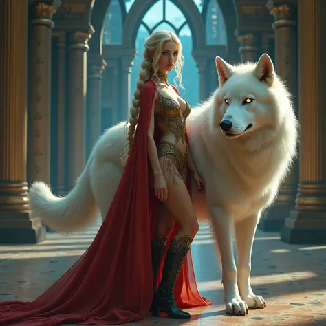 fantasy art, RPG art, ultra wide shot, RAW, photorealistic, a picture of woman and her (white: 1.4) wolf pet, the woman,  an exquisite beautiful human woman, long blond hair, braided hair, green eyes, wearing elegant silk dress, intricate dress,  wearing (...