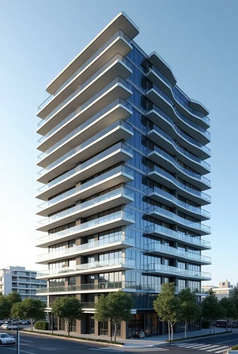 (photorealism:1.2), A wide residential building, with balconies going around the floors completely, without beams at the ends, modern frames with bluish semi-reflective blindex glass, with typical Satiago architecture in Chile.