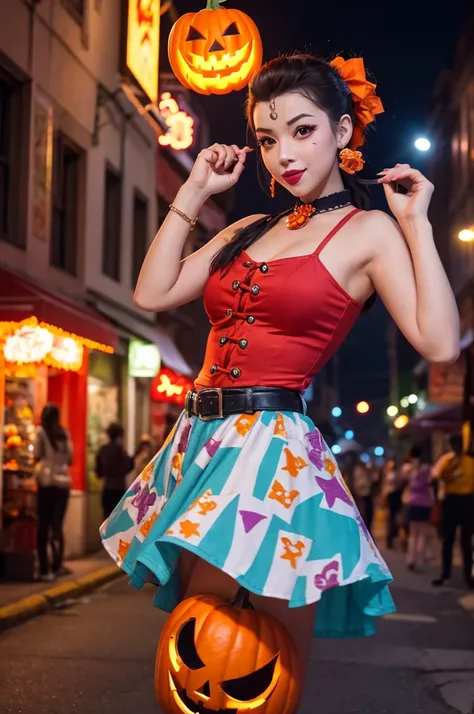 Create an aerial view of a vibrant Halloween street scene in a cool anime style. Focus on one person wearing a 1950s rockabilly outfit and a large glowing Jack-o-Lantern mask. The person is striking a dynamic twist dance pose, looking directly at the camer...