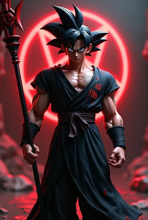 3D animation of Son Goku Super Saiyan three wearing a long black shirt holding a shiny staff in his hand with a dripping red pentagram logo background, on his shirt are dripping red gothic letters,
the words "adi filth"