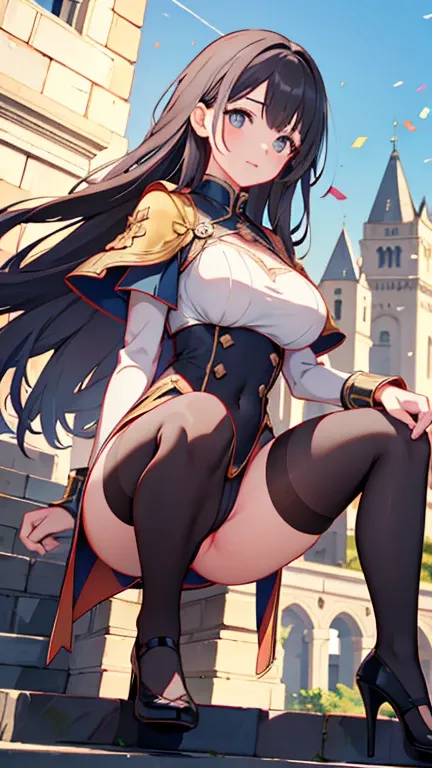 Best Quality, Official Art, masterpiece, Fabric Shading, High resolution, Very detailed, colorful, Best details, Fantasy, Combat Uniform:1.5, 1 female, Age 25, Black Hair, Long Hair, Up Bang Hair, One length, Standing on the stairs, A castle town with an o...