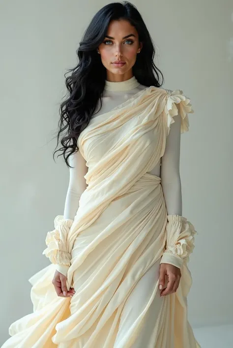 {{{her name is athena gala}}} black hair , light blue eyes , The image is a full-length portrait of a woman in a flowing cream dress. The dress features a high neck and long sleeves, with a large cutout on the back, and the fabric cascades down into a dram...