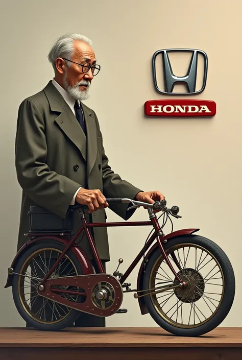 Design an image with Soichiro Honda (Hondas founder) standing next to a simple bicycle engine prototype, with a modern Honda logo hovering above. Add text like "From Bicycle Engines to Global Giant!"

