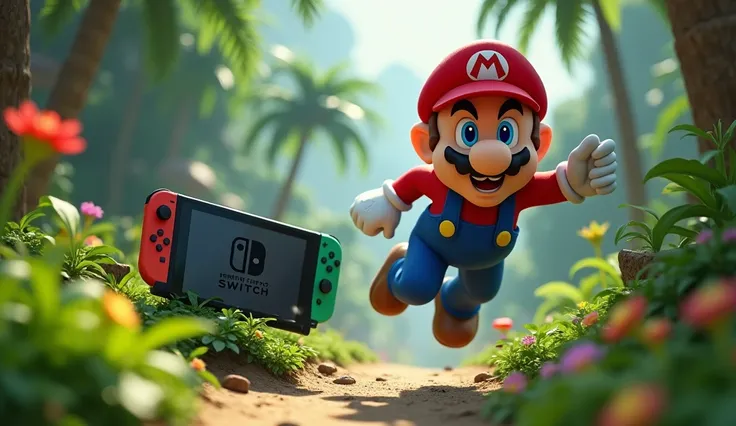 Super mario Brothers play Nintendo switch,4k resolution,Jungle Background, Music, Cenimatic Lighting,