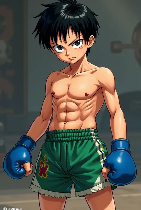 In the style of a character from One Piece, dark-haired, with short hair, weighs 55 kg, is short and is wearing green Muay Thai shorts, has black eyes and is wearing blue Muay Thai gloves. 