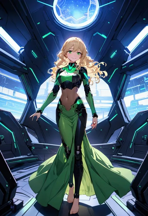 A beautiful, young, visibly barefoot cyborg woman, wearing skintight cybernetic technological green and black body armor top  with a long skirt, bare midriff, with short blonde wavy hair, in a futuristic room, standing, smiling.