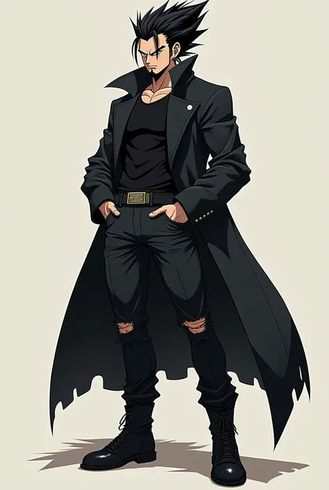 Make me a picture of a dragon ball z style character - Anime style - Full black clothing (ripped jeans and black boots)
- Serious and determined expression - Book hairstyle - Beard - Cool posture - Thin - Normal size - Earrings