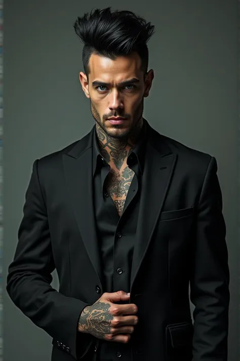 Tall man with one,95. He should have attractive tattoos, have a good physique but not exaggerated, dressed in a black suit, his hair should be black in the shape of a mushroom but combed, blue eyes, prominent features in his hands, veins can be seen, a thi...