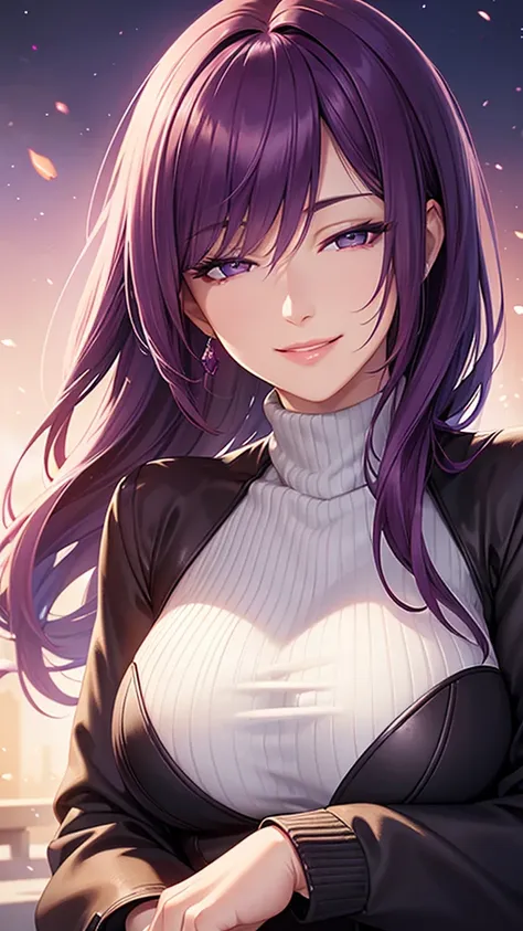 portrait, realistic, elegant mature woman, violet eyes, magenta hair, long wolf hair, turtleneck, 4k resolution, high quality cg, beautiful cg, soft light, (smile:1.2)