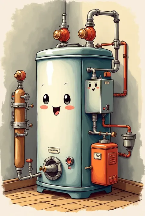 cute flash boiler drawn by hand with with details and components ### Key components of a flash boiler:
1. **Furnace** – the chamber where fuel is burned to generate heat for the water.
2. **Heat-exchange tubes** – the water flows through these thin-walled ...