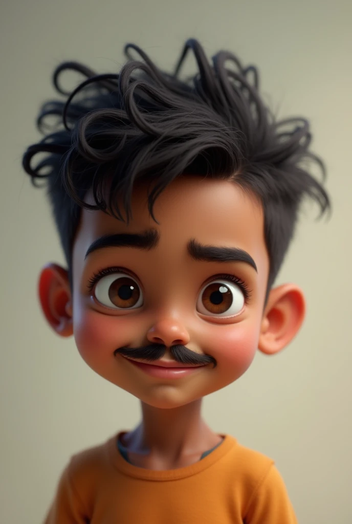 A normal boy with small mostachis and curly hairs with small eyes, little bit dark skin