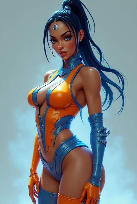 "Please, Create an image of Kitana from Mortal Kombat in a light blue and orange outfit. The image must highlight your butt and have the text &#39;Yappy&#39; on the clothing."