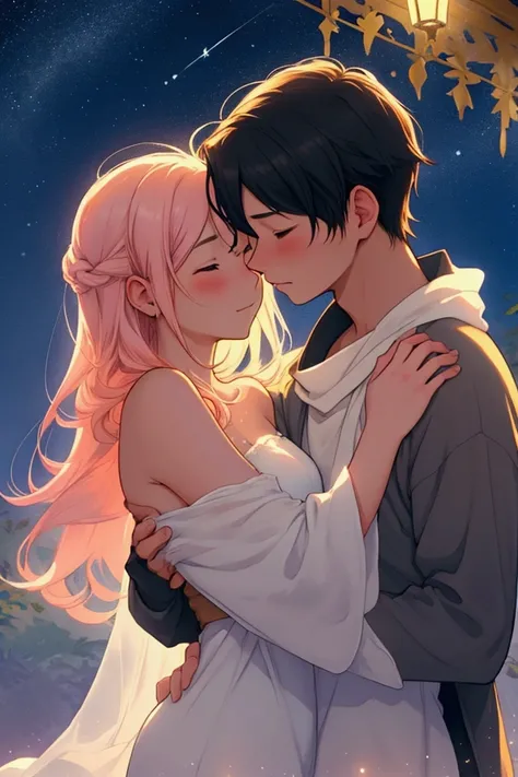 A couple in a warm embrace under the night sky, the twinkling stars surrounded by a soft, warm glow. A vibrant, dreamy color with a soft glow. This scene exudes deep love and intimacy with a slightly surreal, magical atmosphere. Emphasis is placed on emoti...