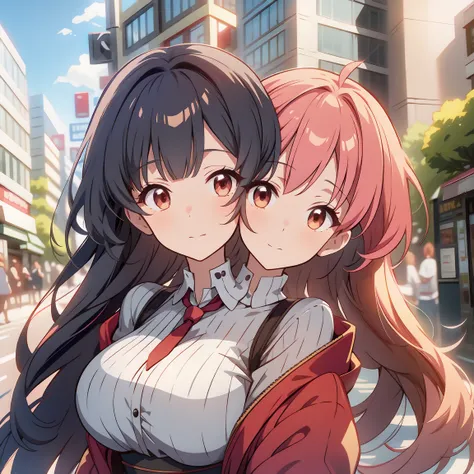 (masterpiece, best quality), best resolution, 16k, close-up, BREAK (2heads:1.5), ((cheek to cheek)),  anime couple in the middle of a street with buildings in the background, two beautiful anime girls, anime stylized, in anime style, stylized anime, anime ...