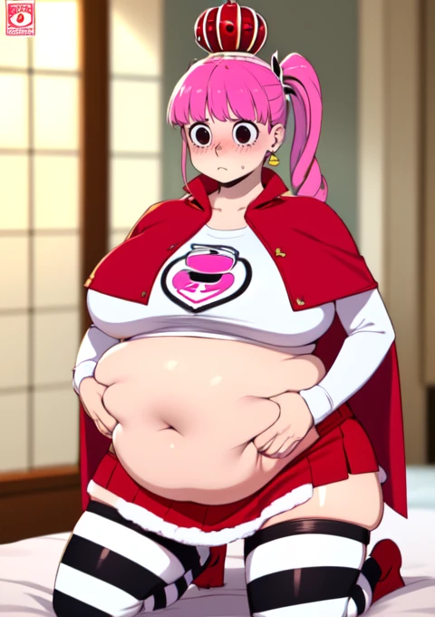 (masterpiece, best quality), 1girls, big belly, blurry background, huge belly, art by kipteitei, round belly, chubby, curvy, pink pony tails, ((red frilly mini skirt)), (( wearing black and white horizontally striped thigh highs)),  castle background, bell...