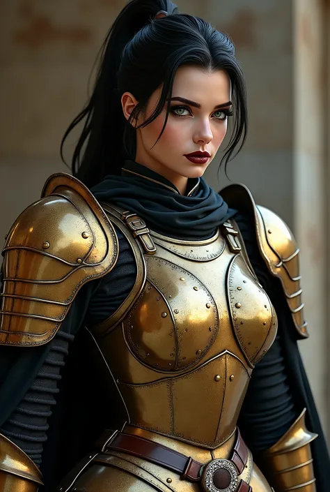 glossblack long ponytail hair, female athlete with epic closeup bigboobs, dd-cup breasts bursting out, renaissance lacquered brass plate Armor, black rivets, engraved etching, blackout eyeshadow, bright green eyes, maroon lips, black silk cape, diamond enc...