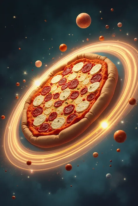 pizza with jupiter rings around it without the planet in the background, drawing style
