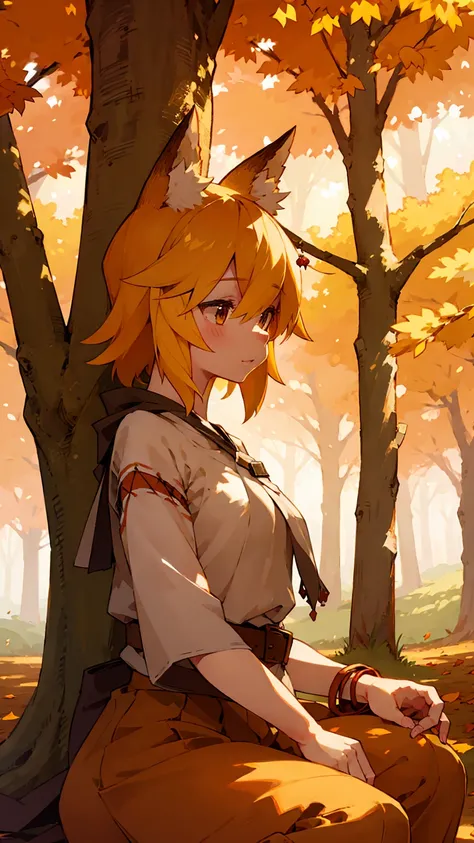 autumn leaves, fox girl, detailed fox ears and tail, vibrant colors, realistic atmosphere, gentle breeze, sunlight filtering through trees, golden foliage, playful expression, peaceful setting, soft lighting, fantasy style, fallen leaves, warm earth tones,...