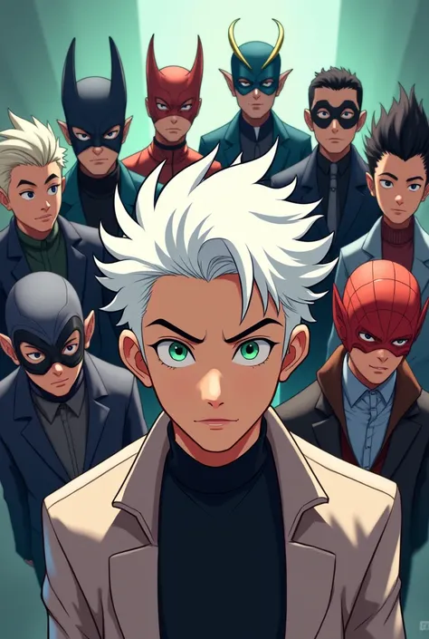 An animated cartoon of 10 geniuses wearing masks,The protagonist is a male with white hair, hair long to eyebrows, and green eyes. 