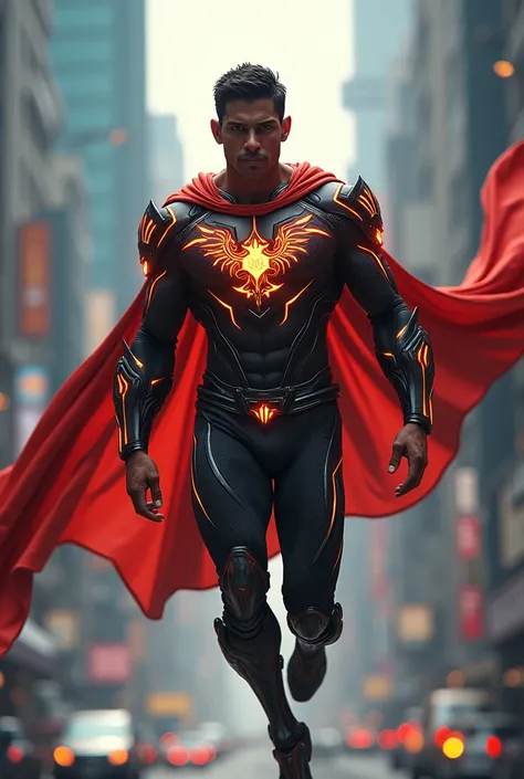 Make a Indian male super hero of divine and demonic abilities modern super hero suit 