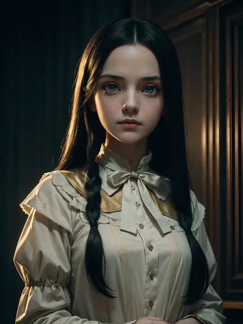 (Best quality, Ultra detailed, Golden ratio, Masterpiece:1.2), Theatrical lighting:0.7, Severus snapes daughter, green eyes , Photo of a  cosplay Wednesday Addams, dressed in a vintage see-through black night gown , lean body, small perky breasts, pierced ...