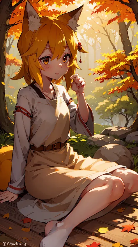 autumn leaves, fox girl, detailed fox ears and tail, vibrant colors, realistic atmosphere, gentle breeze, sunlight filtering through trees, golden foliage, playful expression, peaceful setting, soft lighting, fantasy style, fallen leaves, warm earth tones,...