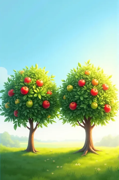 two apple trees side by side with a white background a blue sky and a grass below