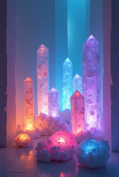  用不规则水晶原石和color贝壳为材料，Generate an art installation，Showing the light effect of crystal，color，Dont be persona