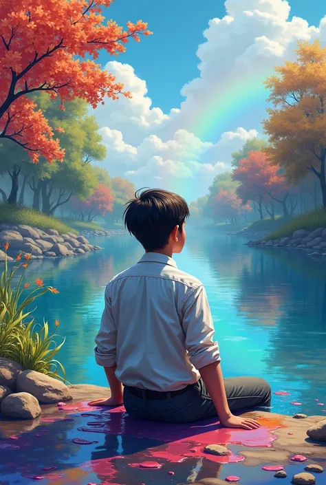 Water is all in Paint Paint is spilling on the water Very beautiful Like a river A boy is sit sitting pose Looking at the river very stylish and handsome dress stained with paint, The hair is also in black Trees of Different Colors, Full Picture Of Clouds,...