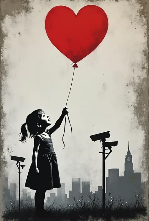 Create an image in the style of Banksy: A stenciled black and white artwork on a weathered concrete wall. The main subject is a young girl releasing a red heart-shaped balloon into a gloomy urban sky. The balloon is the only colored element in the composit...