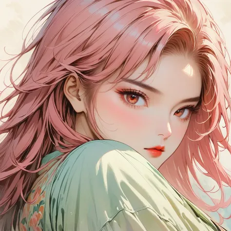 ((detailed thin line drawing)), (clean lines), (pastel) 1girl, long pink hair, red eyes, focus on upper body, (masterpiece), soft, (Highest quality:1.1),(((Super detailed))), (looking at camera),beautiful, Best illustrations,In detail, (Watercolor), mature...