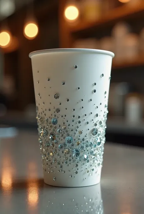 Create an eco-friendly coffee cup with small, shiny rhinestones in a pretty color, An innovative glass for a coffee shop