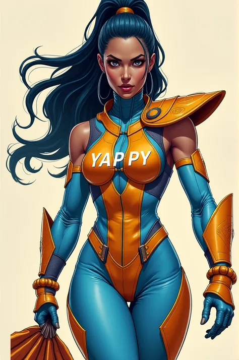 "I would like an illustration of Kitana from Mortal Kombat with a suit that combines the colors light blue and orange. The suit could have a unique design with eye-catching details and text that says &#39;Yappy&#39;."