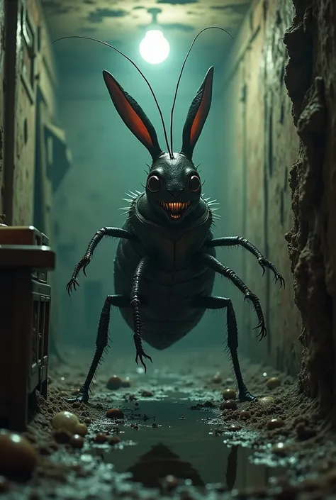 Here’s a detailed prompt for a scene featuring a cockroach and a rabbit in one frame with a scary background:

---

In the heart of an eerie, dilapidated basement, a disturbing scene unfolds. A grotesque hybrid creature combines the features of a cockroach...