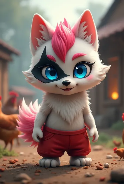 stand  little wolf in name ranga . Eyes - blue , hair  - pink , red colour off pant , body is white colour 4k quality .  Black colour face mack wariny . A ranga going chicken farms