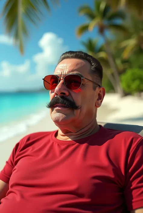 Stallin wearing a red burgundy tshirt and red burgundy sunglasses at a caribean beach, day time