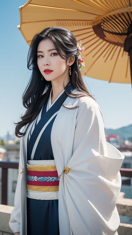 High resolution、masterpiece、Textured skin、high quality、Ultra high definition、Very detailed、woman、Center parted wavy hair、Looking at the camera、Large Breasts、Perfect Style、Long legs、castle town、Mainly black kimono、Summer blue sky、Background blur, far and ne...